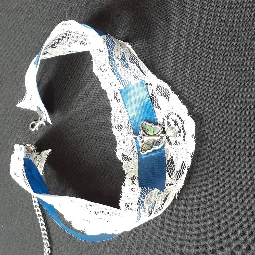 Handmade Lace & Blue satin choker necklace